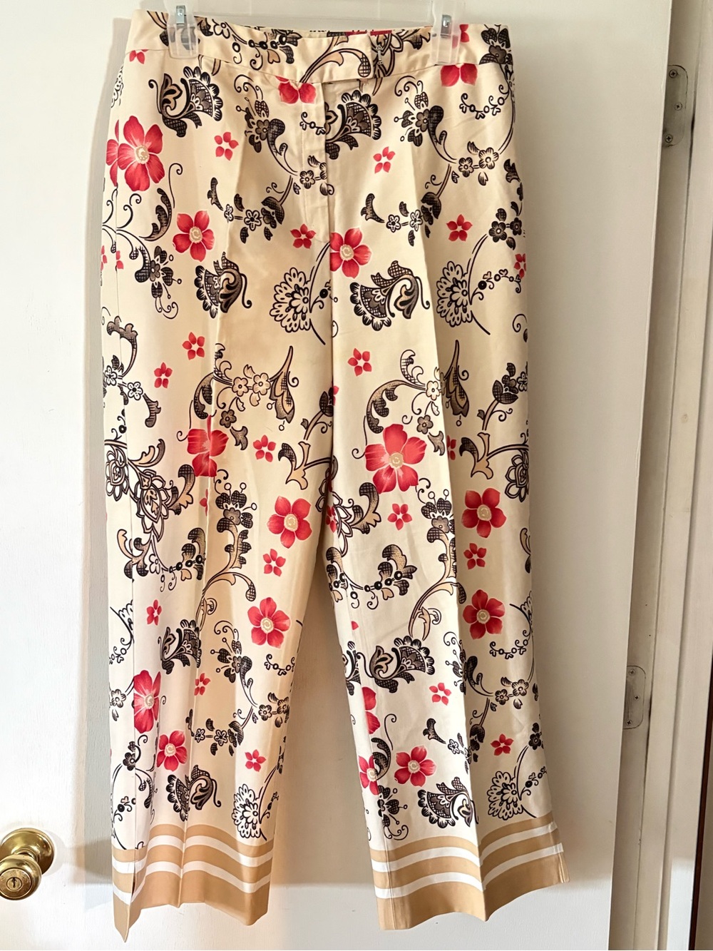 Willi Smith Cream Wide-Leg Pants with Pink Floral and Black Scrolls